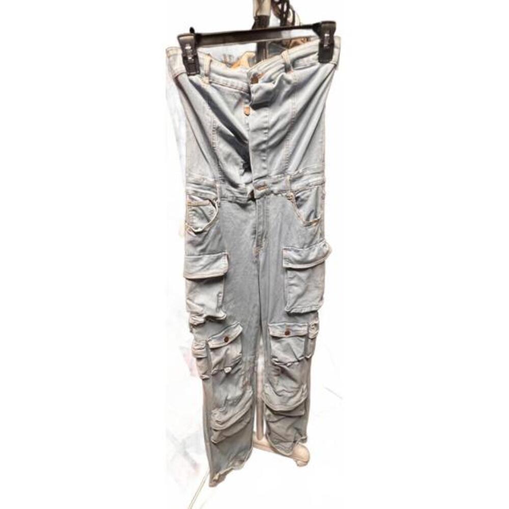 Light Blue Women's Cargo Pants Strapless Jumpsuit with Multiple Pockets